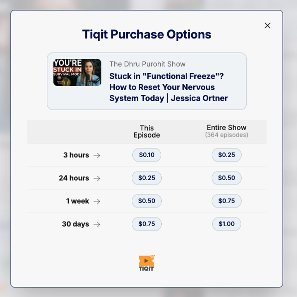 Arqade purchase options: 3 hours, 24 hours, 1 week, and 30 days, priced for a single episode or the entire show