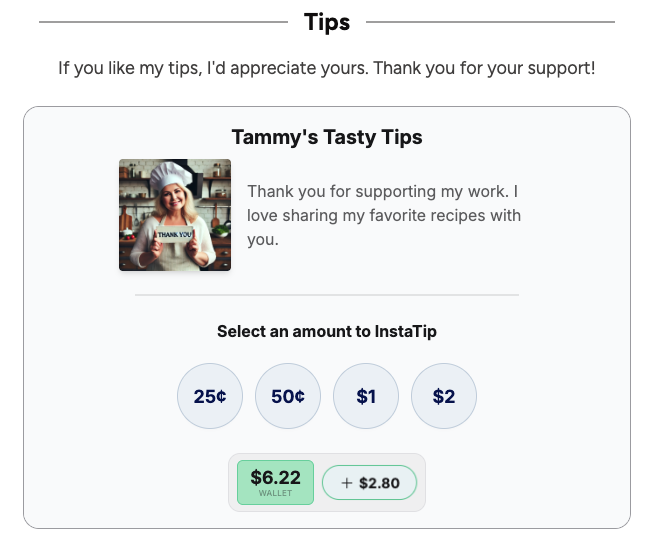 Arqade tip jar: select an InstaTip amount from a funded wallet
