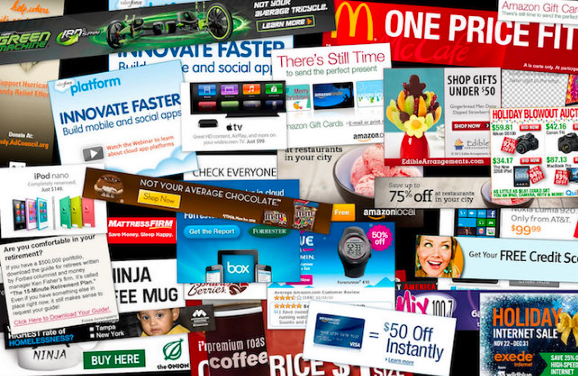 A collage of ugly, cluttered programmatic web ads